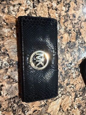 Michael Kors Black Snake-Embossed Continental Wallet with Gold Logo